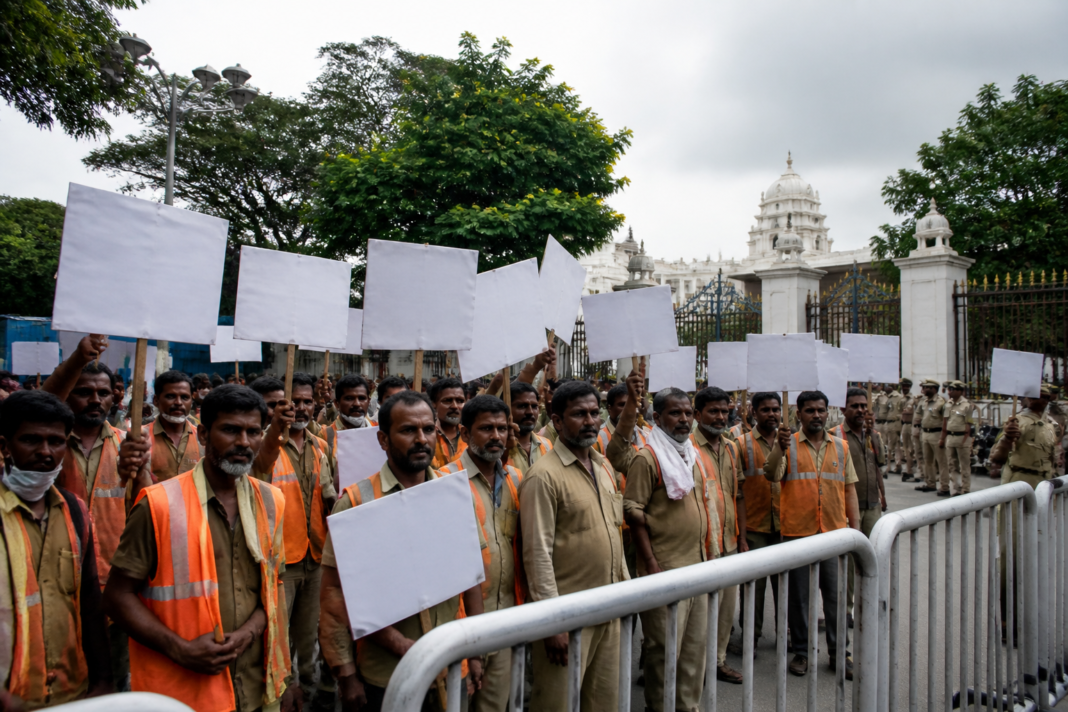 GHMC garbage workers protesting near the Telangana Assembly in Hyderabad