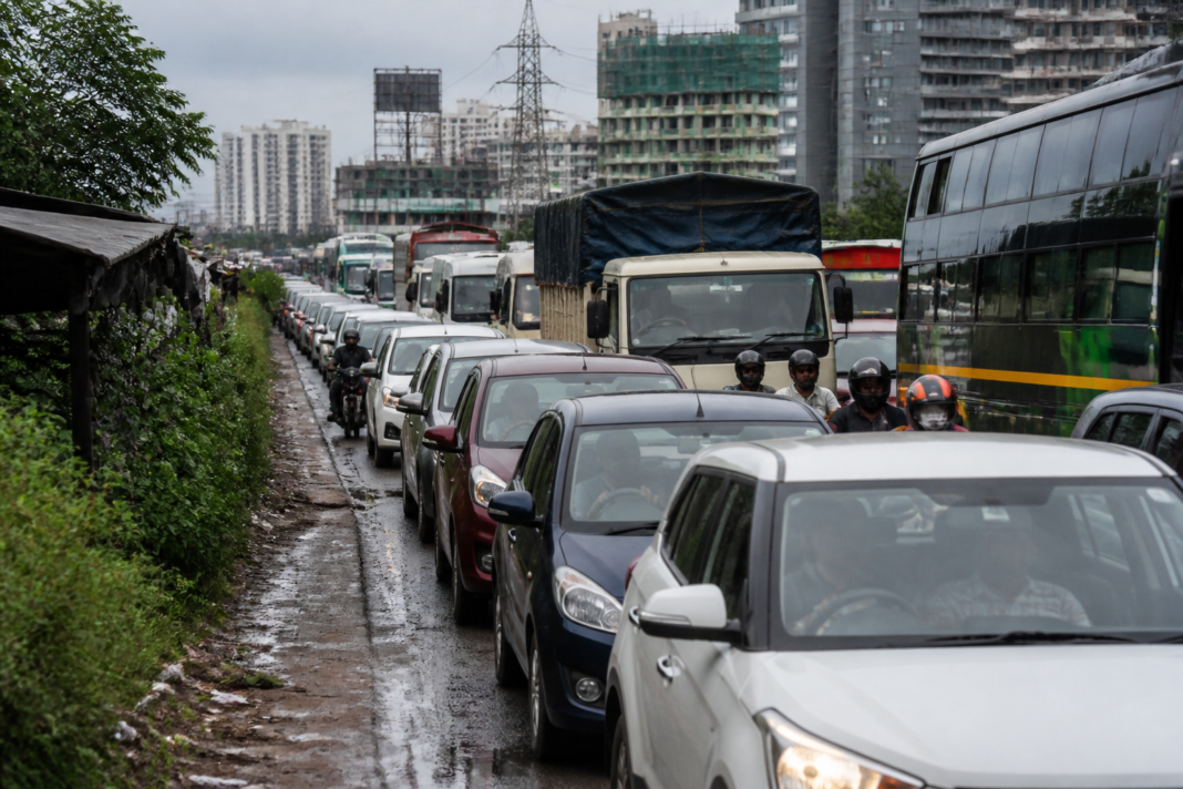 Ghodbunder Road traffic jam with vehicles queued near Mira Bhayandar during Ganeshotsav travel