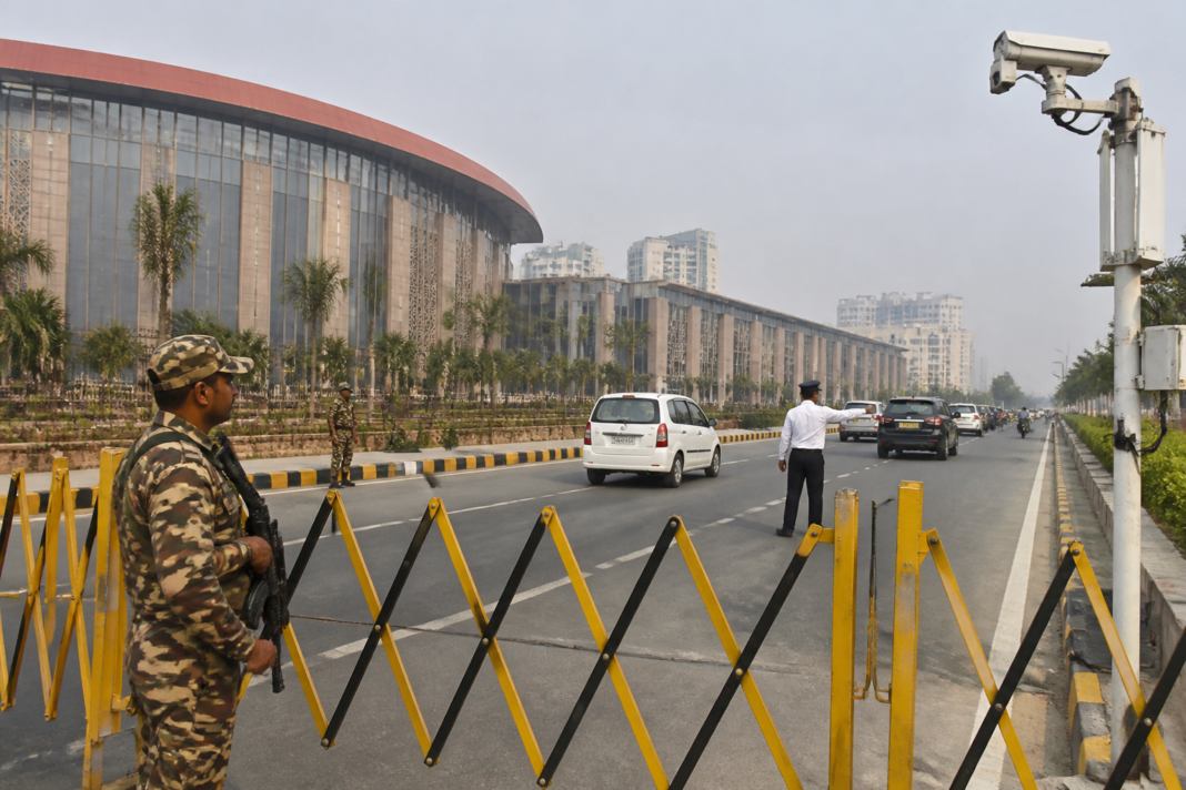 BRICS security deployment near Bharat Mandapam in Delhi with traffic controls and surveillance vehicles