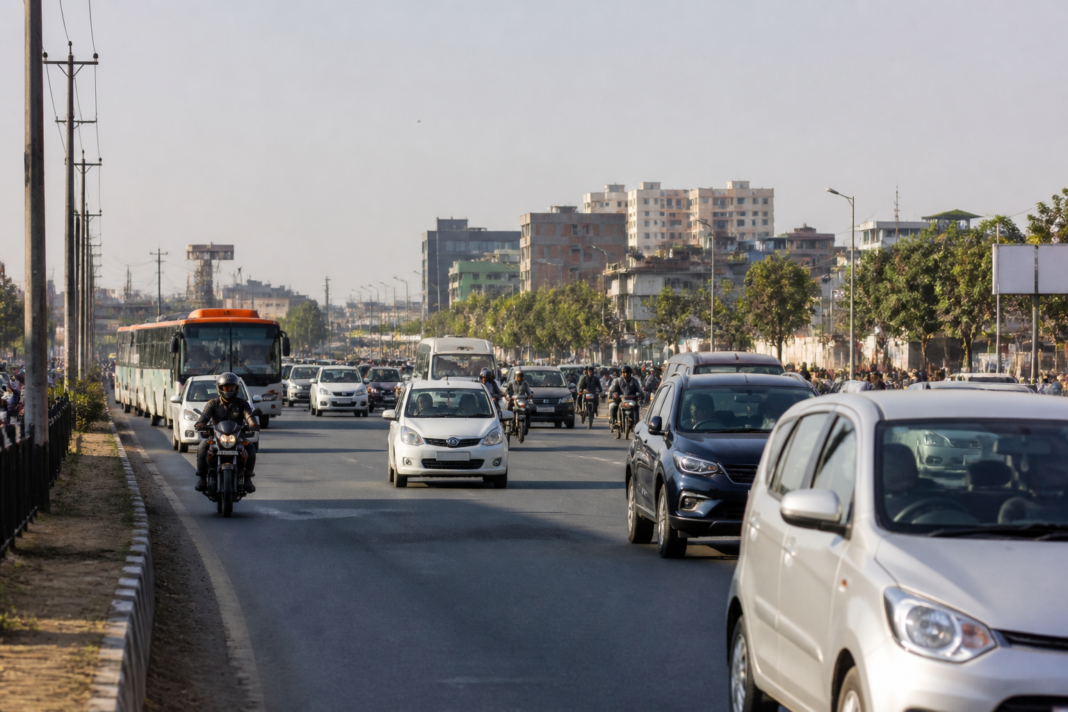 Proposed Faridabad flyover corridor near a busy urban junction with traffic and elevated-road planning activity