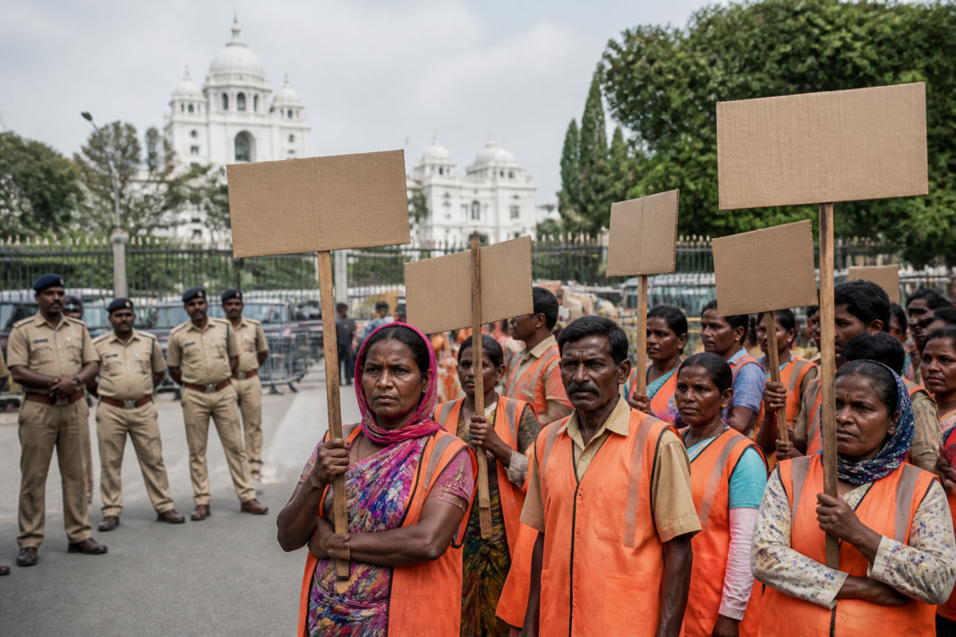 GHMC garbage workers protesting near the Telangana Assembly in Hyderabad