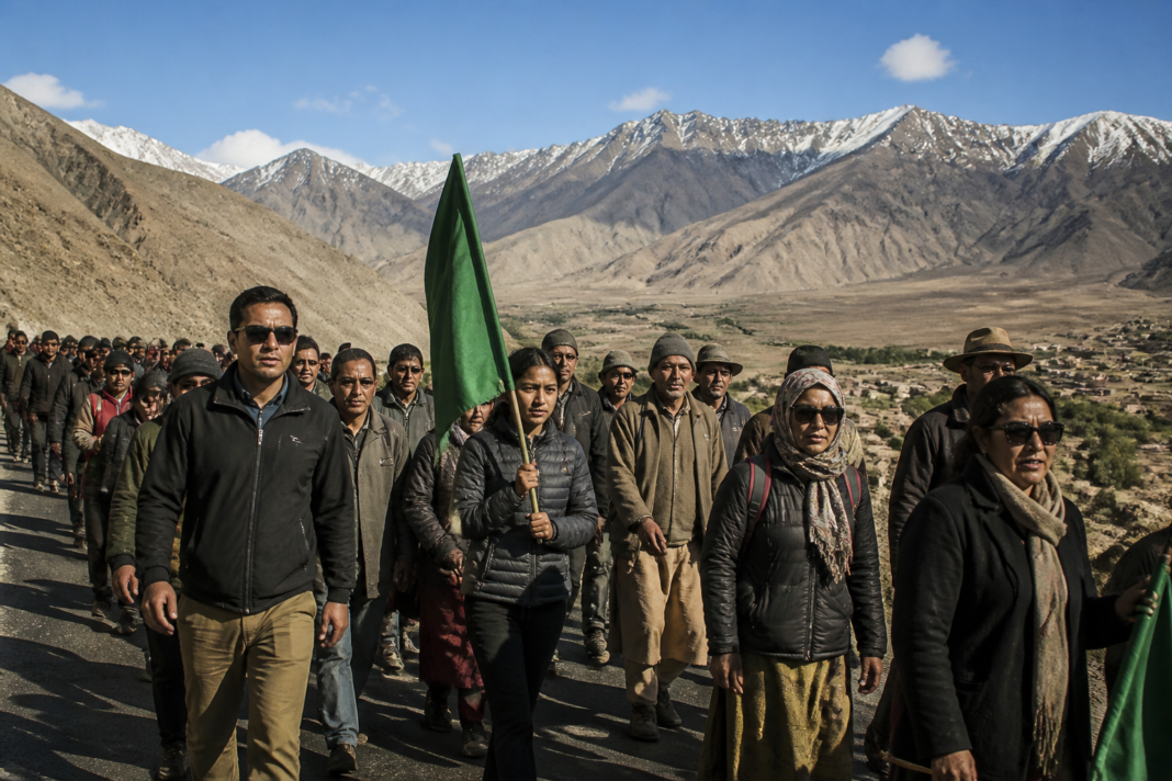 Sonam Wangchuk Ladakh march supporters gathering in a Himalayan landscape