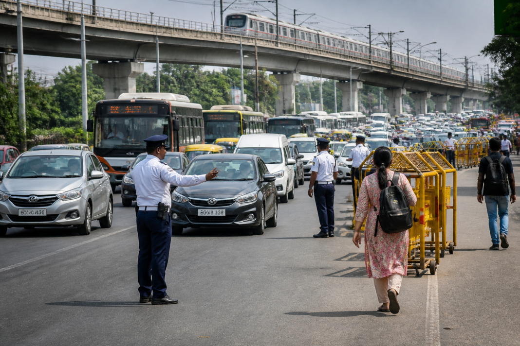 Delhi traffic advisory near a major New Delhi road with police personnel directing vehicles during the BRICS Summit.