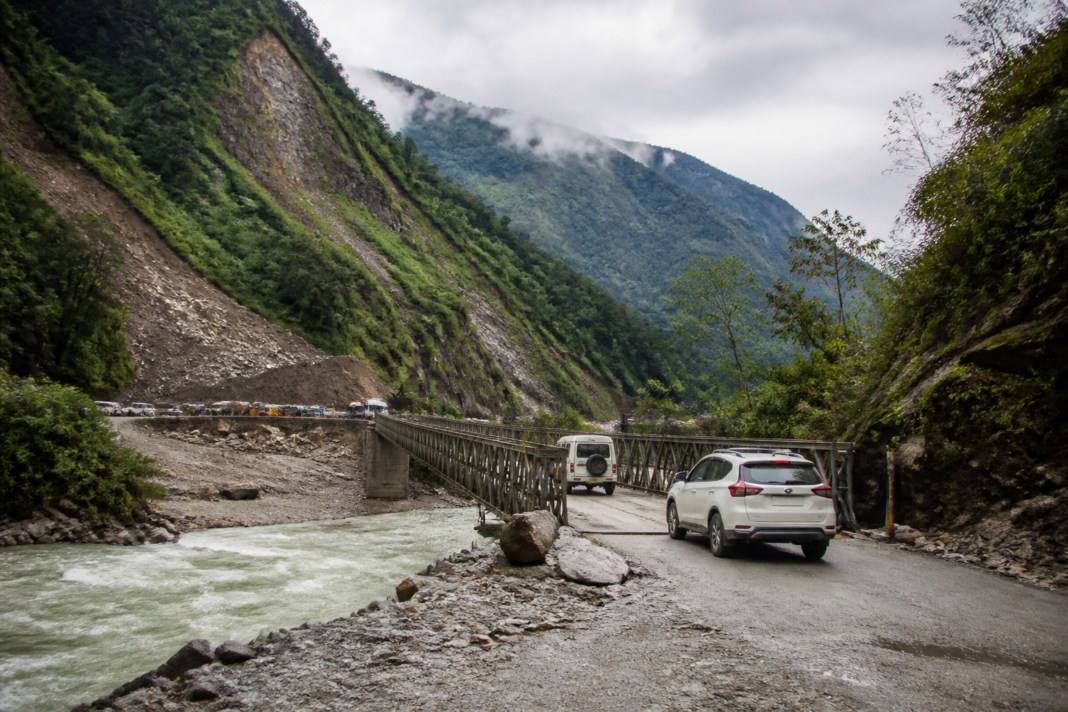 Lachen tourism route and mountain road near a Bailey bridge in north Sikkim