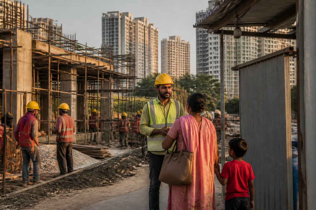 Delhi construction workers at a building site, representing the new health scheme