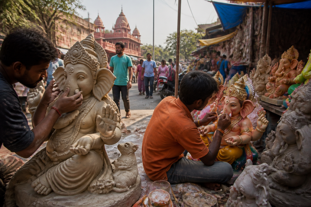 Delhi Ganpati idols being crafted by artisans at a roadside market near Jhandewalan