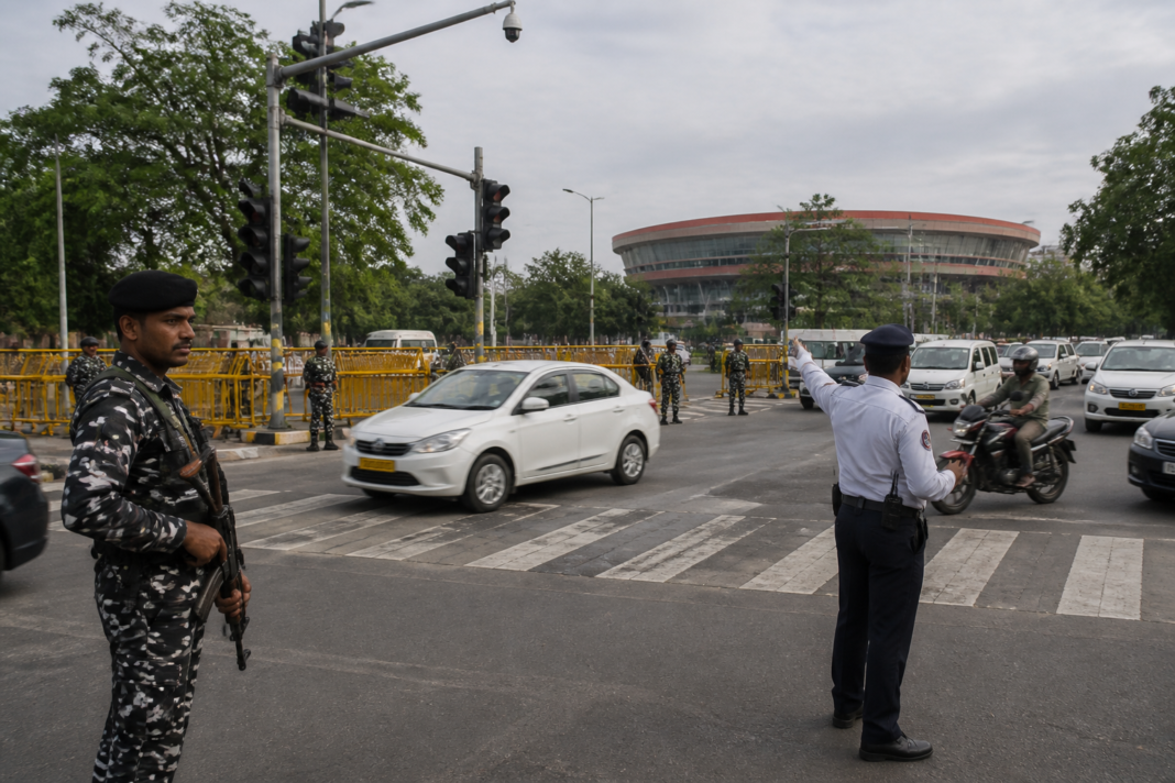 Delhi BRICS Summit security personnel and traffic controls near Bharat Mandapam