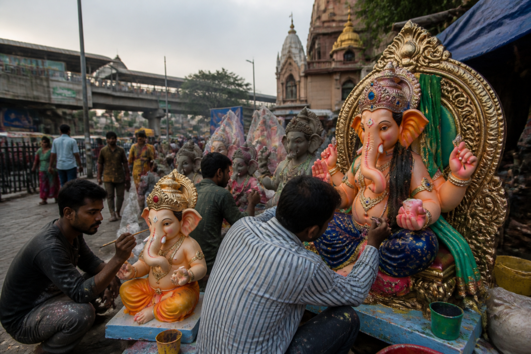 Delhi Ganpati idols displayed at a temporary Jhandewalan pavement market