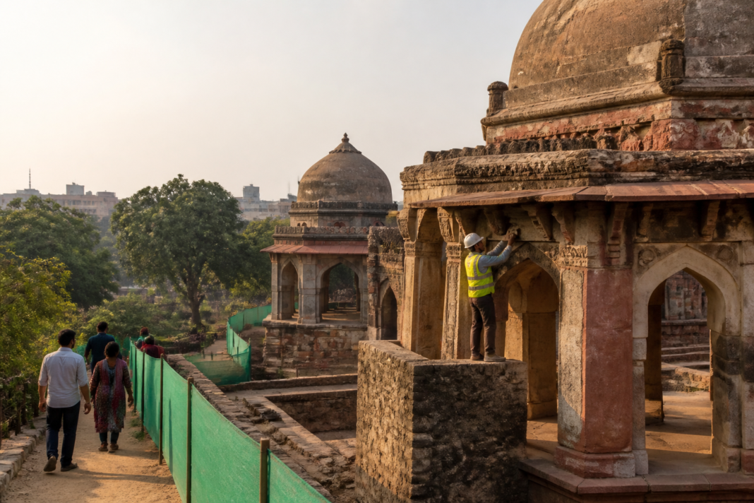 Delhi heritage sites including a historic monument under conservation and visitor access restrictions