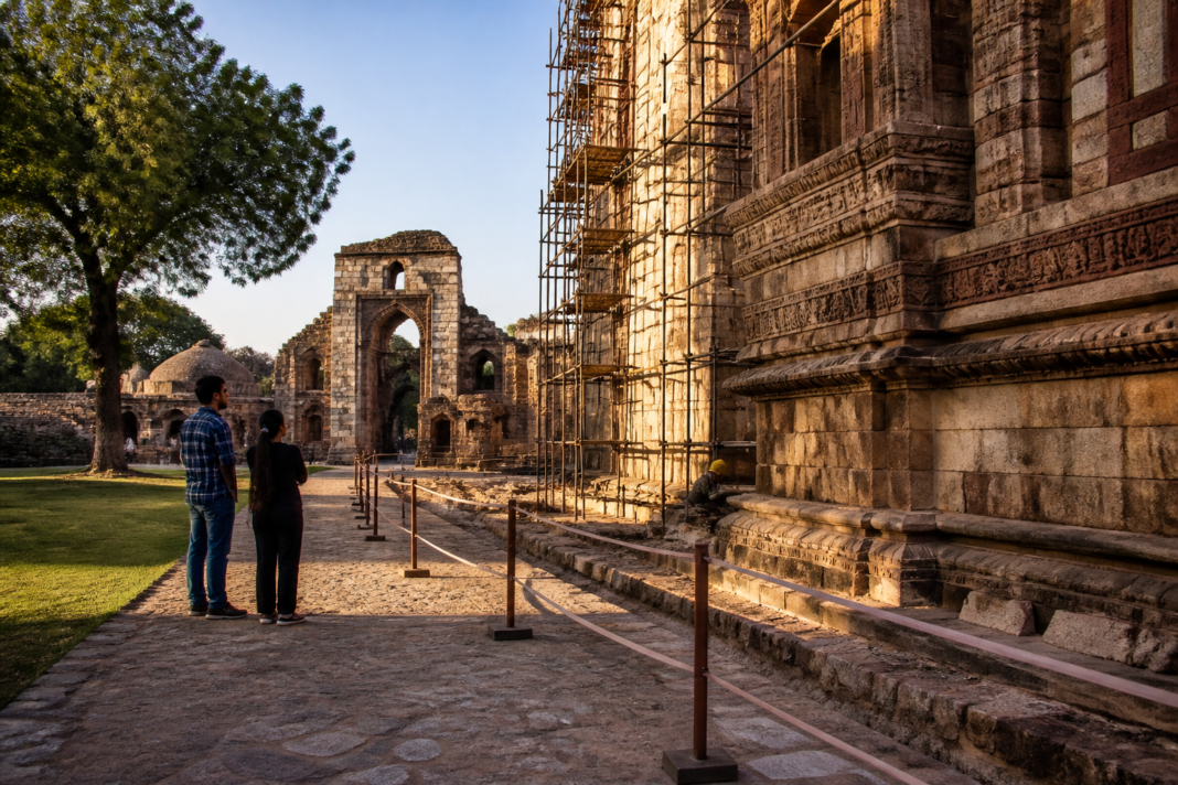 Delhi monuments under conservation with restricted visitor access at a historic heritage complex