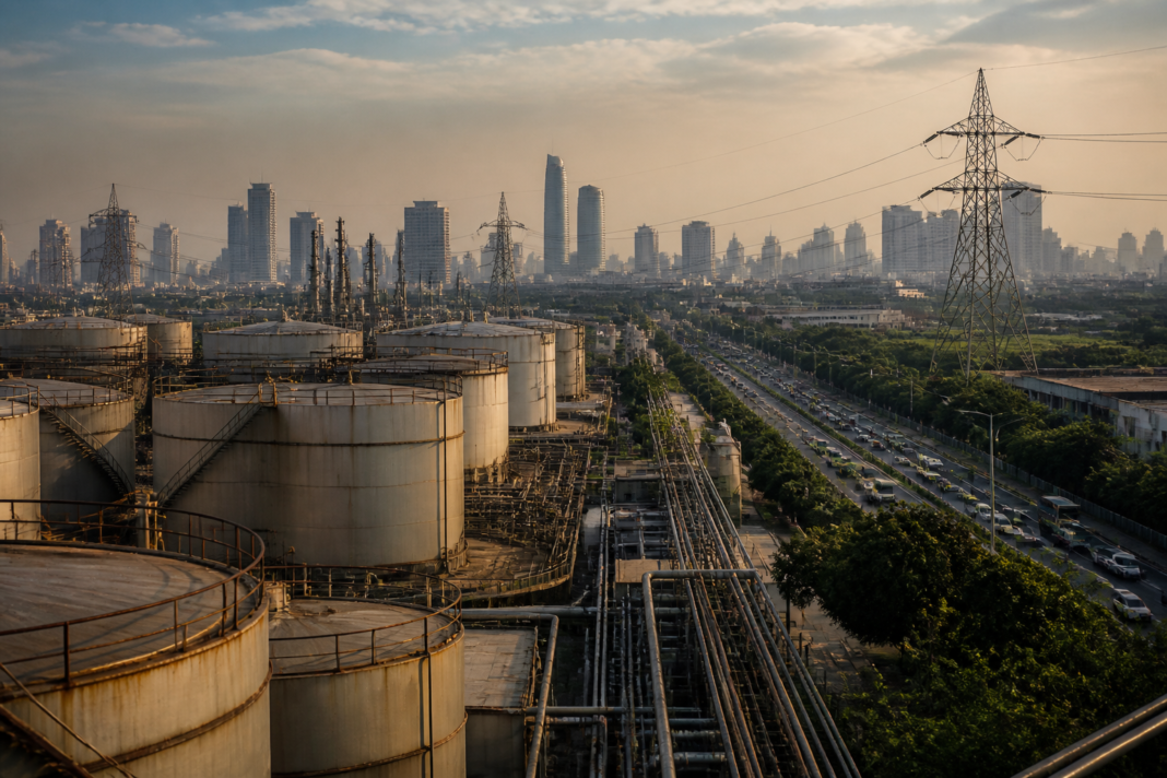 BRICS energy policy represented by oil facilities and an Indian city skyline