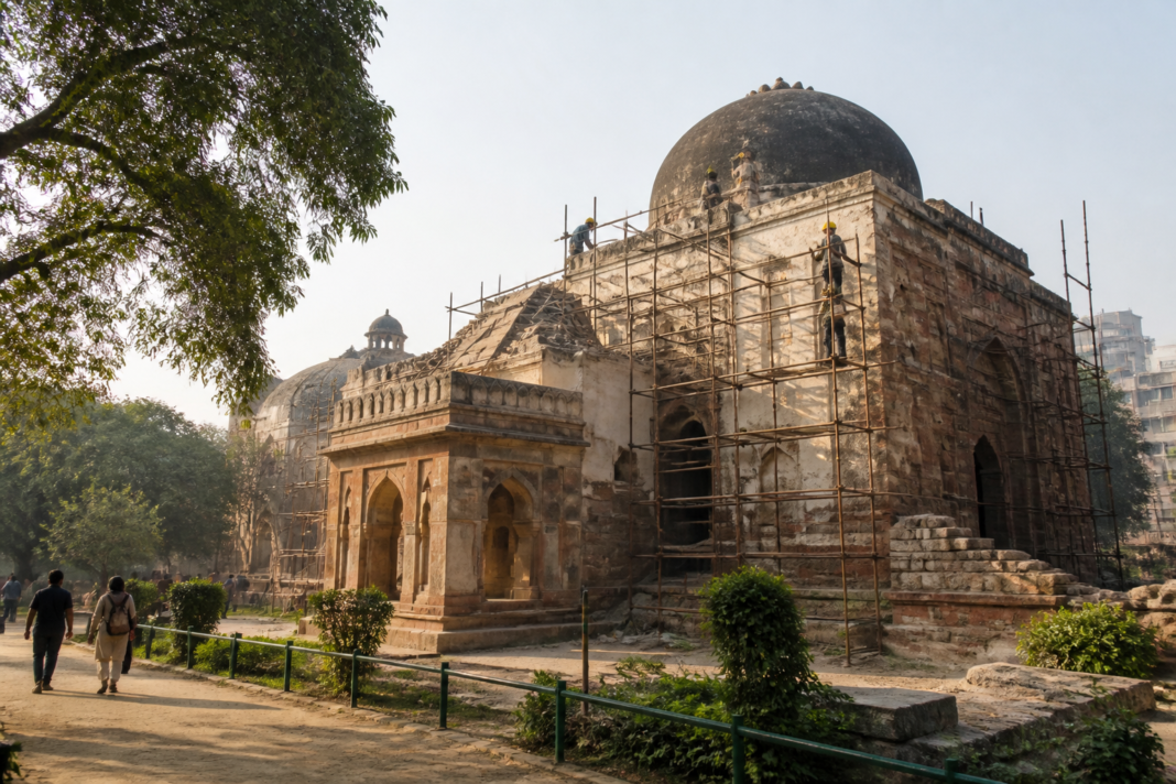 Delhi monuments repairs underway at a historic heritage complex with restricted visitor access
