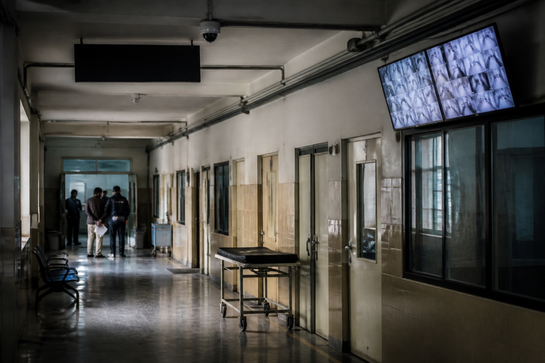 RG Kar case investigation at a Kolkata hospital with CCTV security cameras and a dim corridor