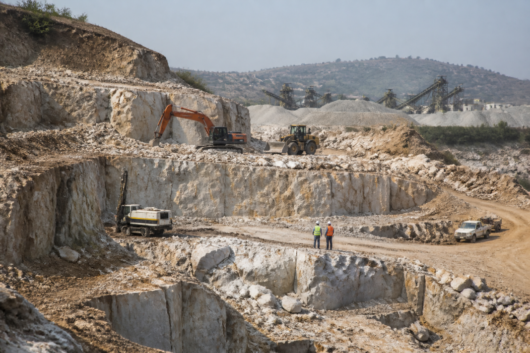 Monolithisch India quartzite block in Nawada, Bihar supporting refractory-material production