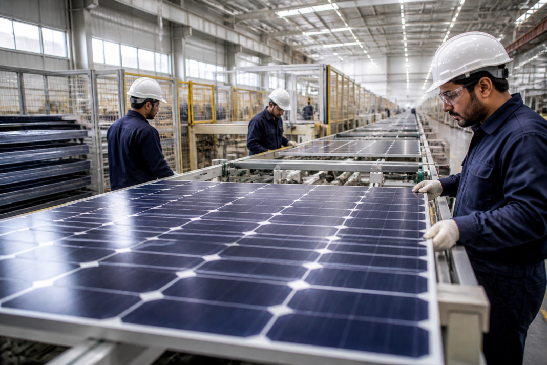 Solar panels at an Indian manufacturing facility amid US solar duties on India