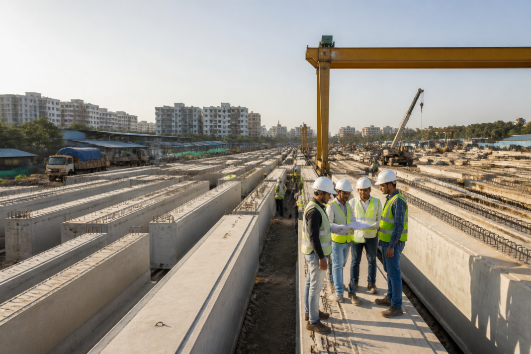 Mumbai Coastal Road North casting yard with precast concrete components in Bhayandar