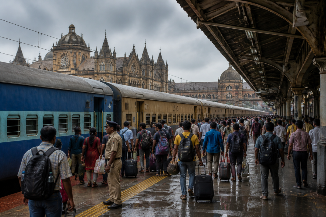 Ganpati special trains at a busy Mumbai railway station during the Konkan travel rush