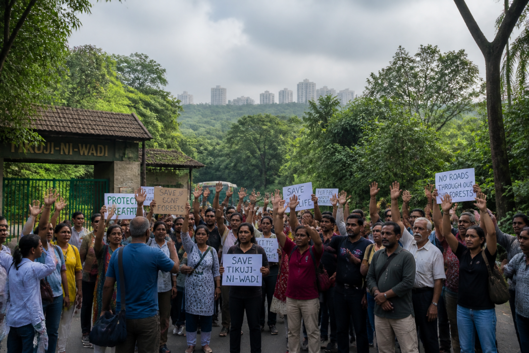 Sanjay Gandhi National Park Thane protest near the Tikuji-ni-Wadi entrance