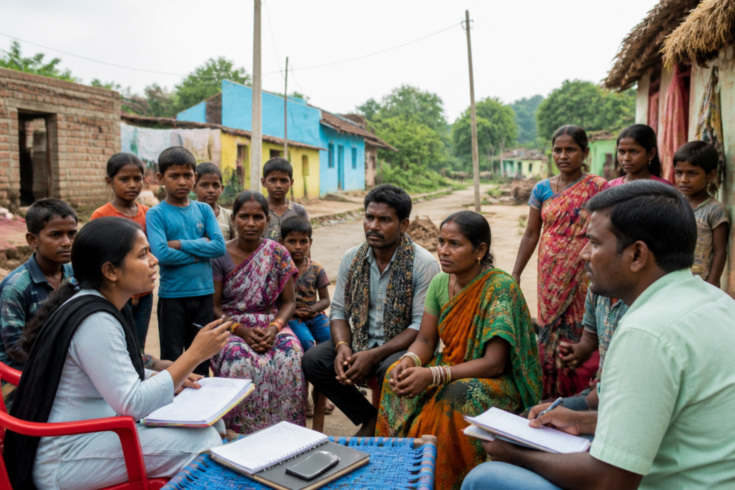 Child marriage prevention volunteers meeting families in a Karnataka migrant settlement