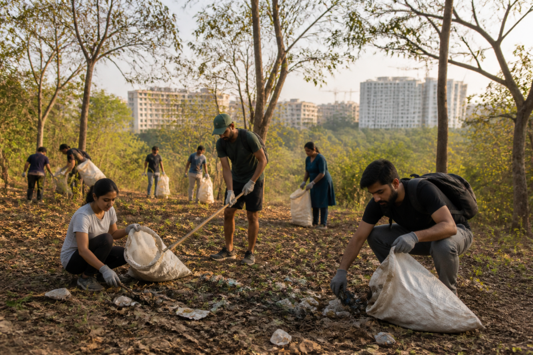 Bengaluru forest cleanup volunteers at Turahalli Forest with environmentalist Bittu Tabahi