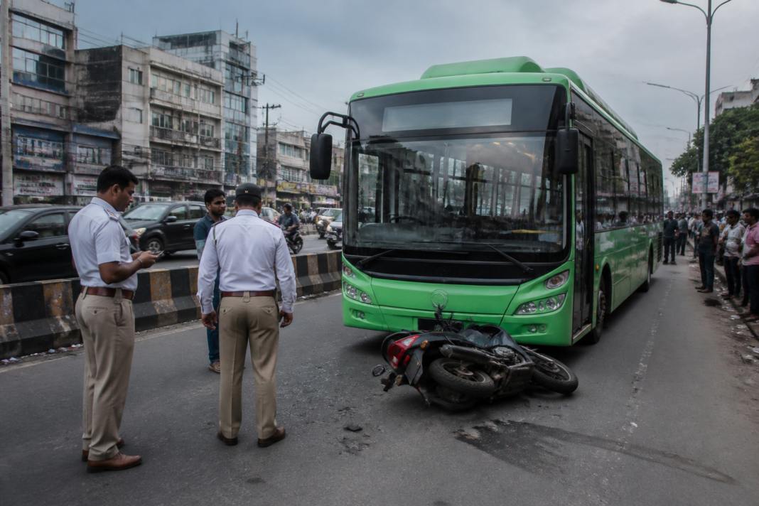 RTC electric bus near traffic in Ameerpet, Hyderabad after a fatal bus accident