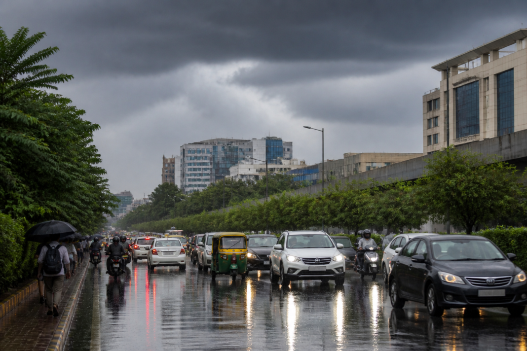 Delhi weather with rain clouds over an urban road and trees