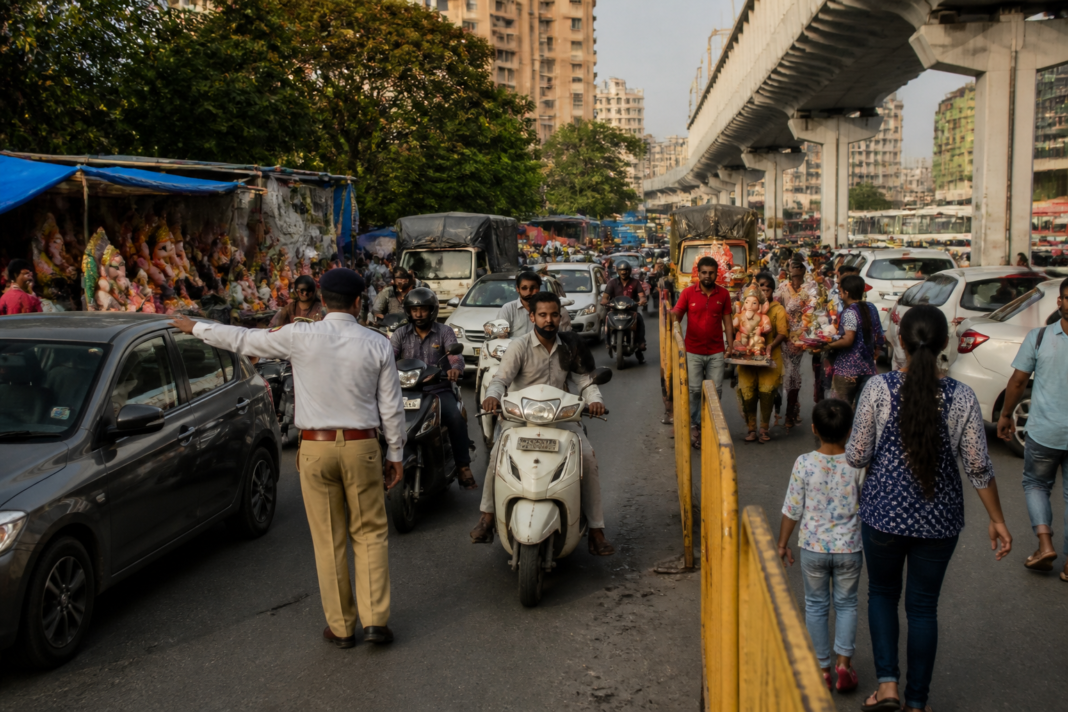 Pune traffic diversions near a crowded Ganesh idol shopping area