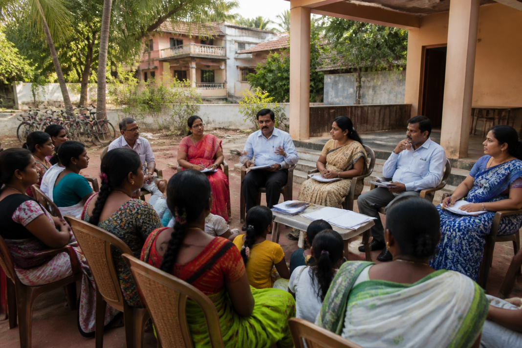 Child marriage prevention workers meeting officials in a Karnataka village
