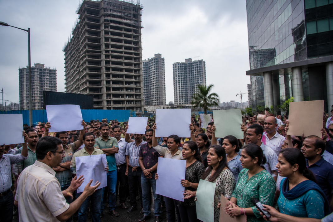 Supertech homebuyers protesting outside a Greater Noida office over stalled housing projects