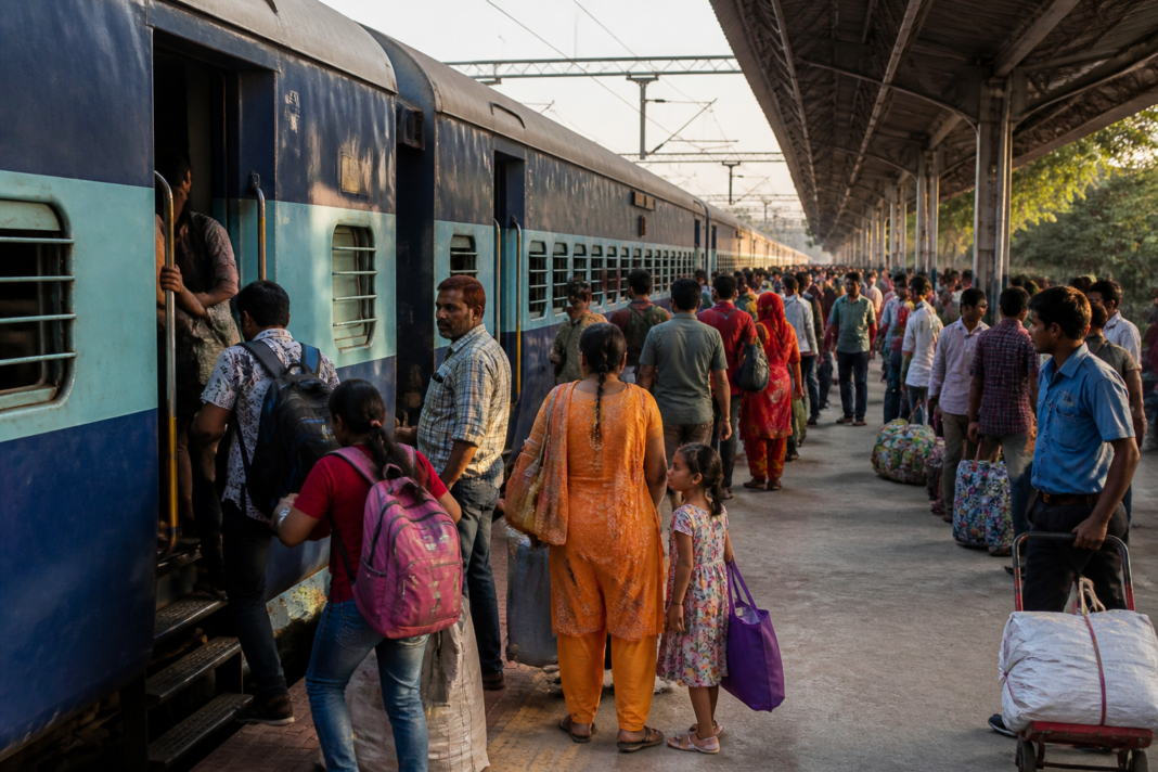 Delhi Ashoknagar special train at a railway platform with passengers boarding.