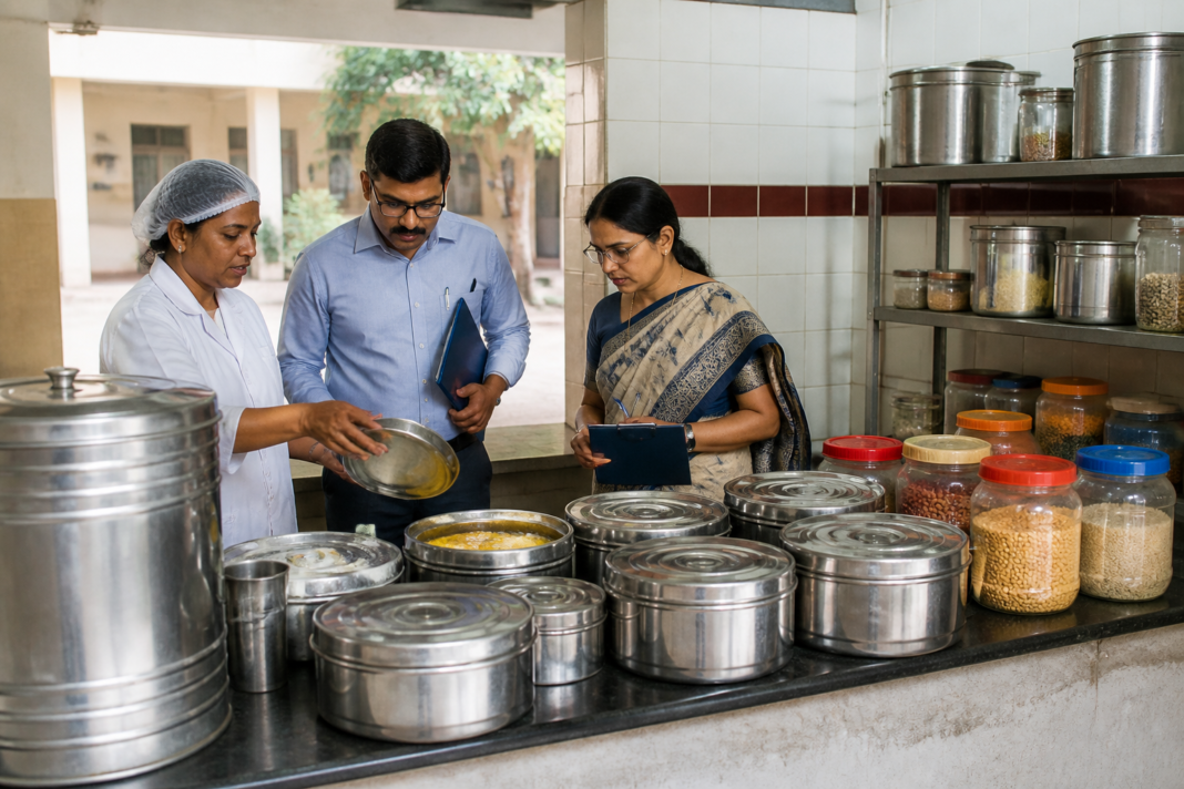 School meal safety inspection in an Indian school kitchen with food containers and serving utensils.