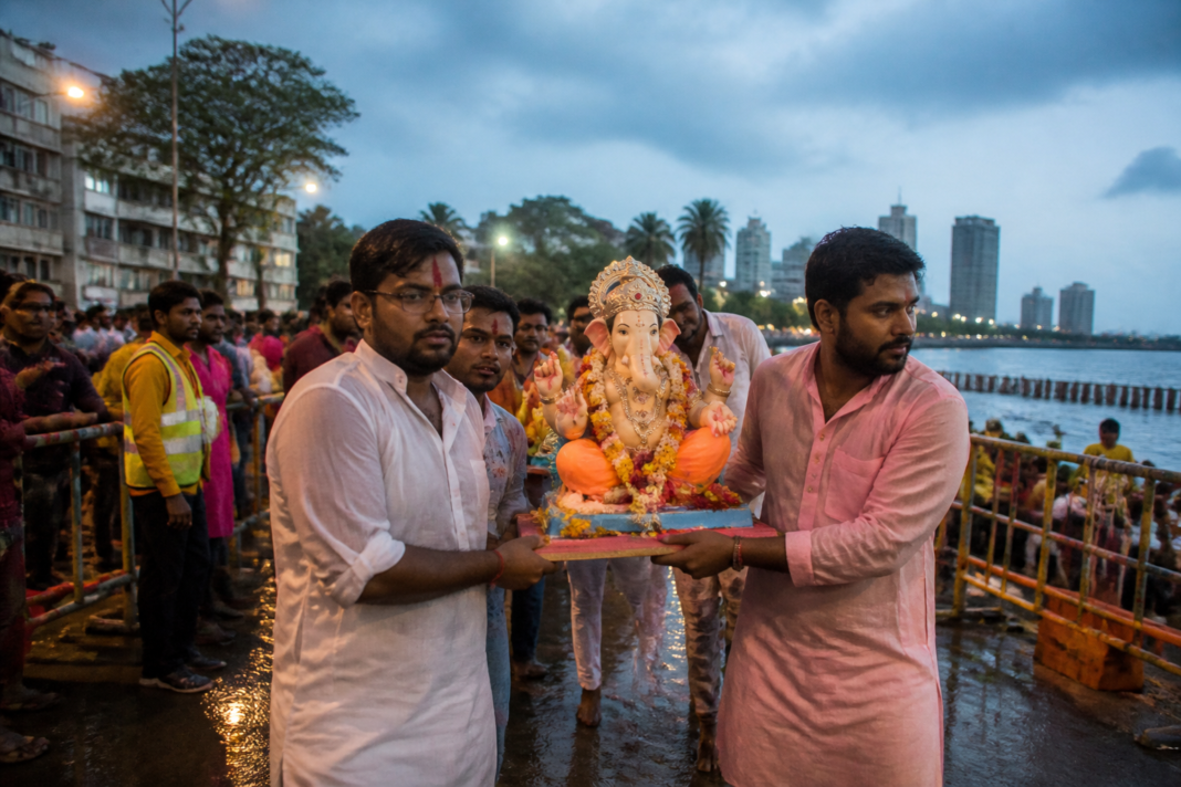 Ganesh idol immersion Mumbai arrangements with devotees carrying a small idol near a coastal site