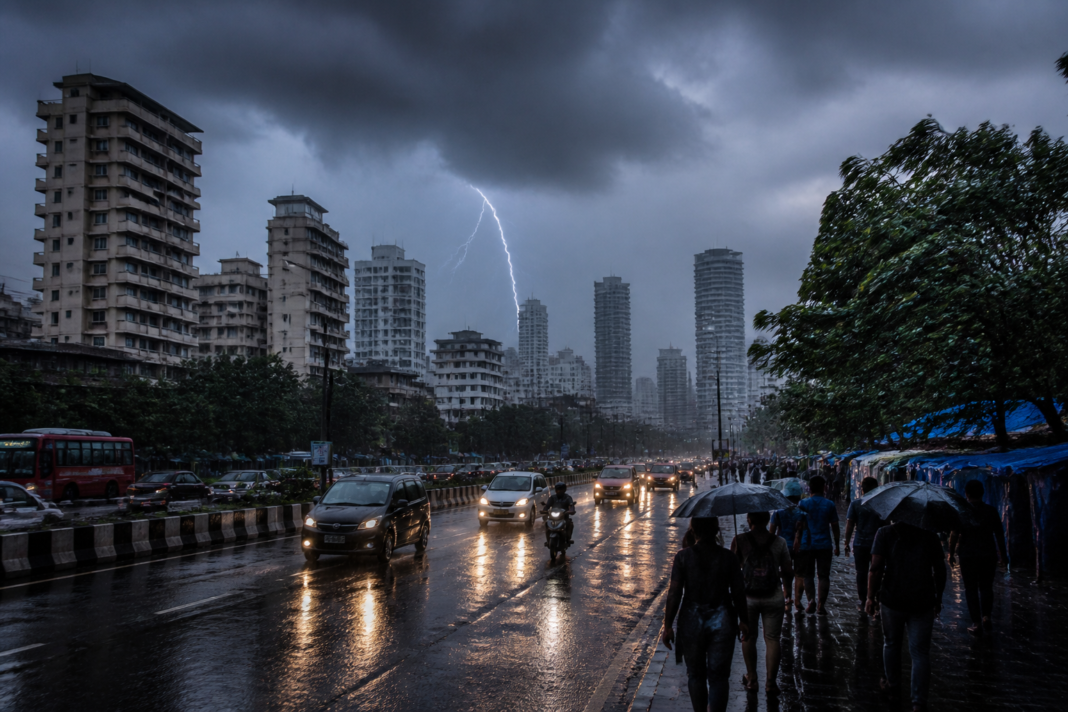 Mumbai weather alert showing rain clouds over the city during a thunderstorm