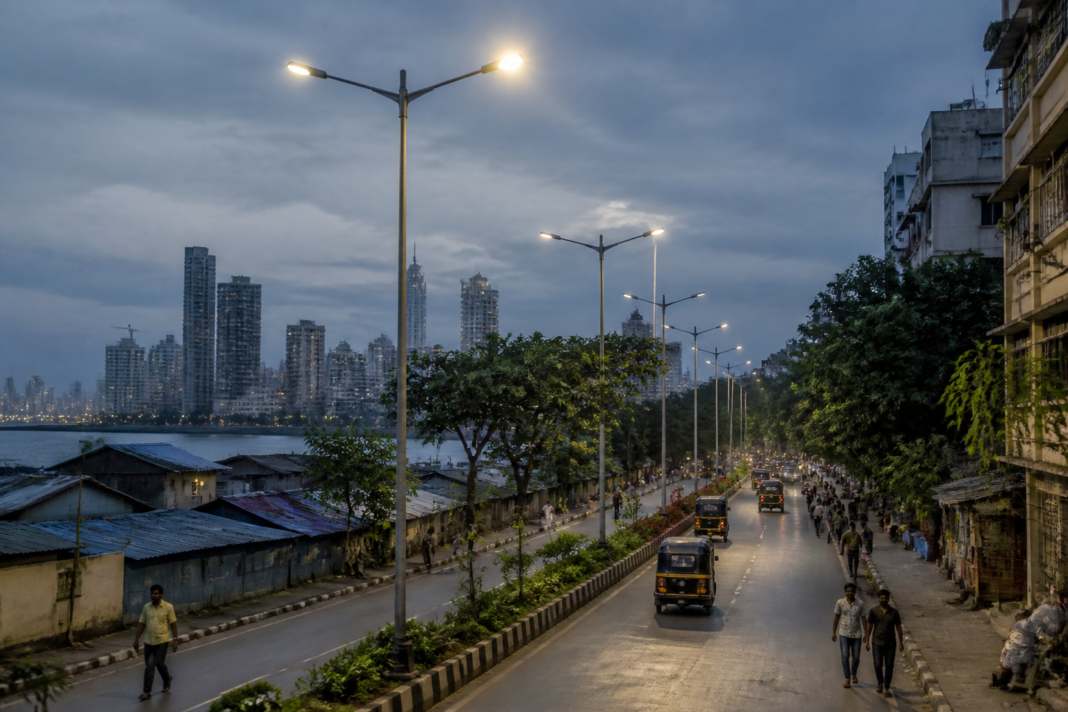 Mumbai street light poles along a city road with BEST infrastructure in the background
