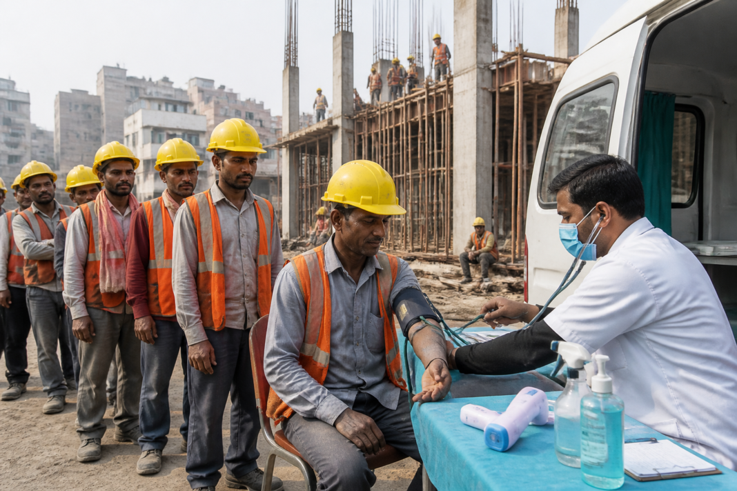 Delhi construction workers health scheme providing medical support to workers at an urban construction site