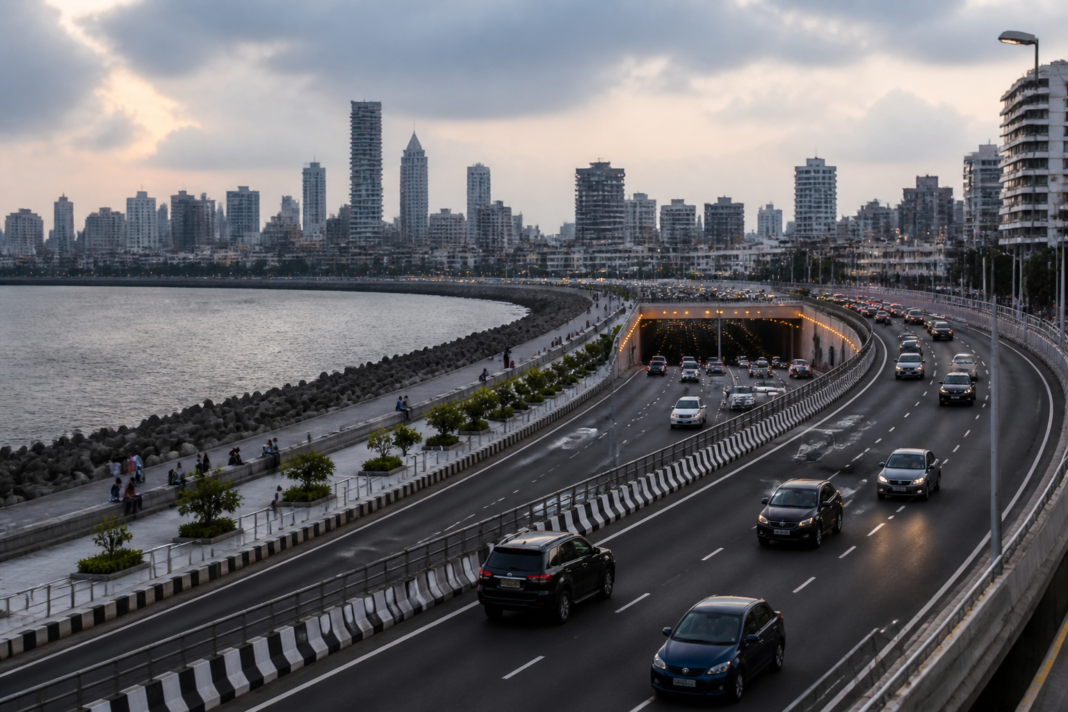 Mumbai Coastal Road carrying traffic beside the city’s coastal promenade
