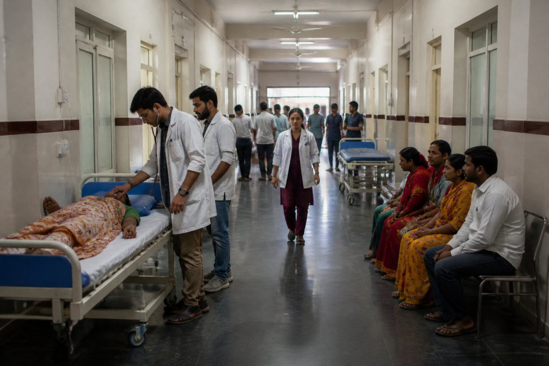 Telangana doctor vacancies shown through a government hospital corridor with doctors and patients