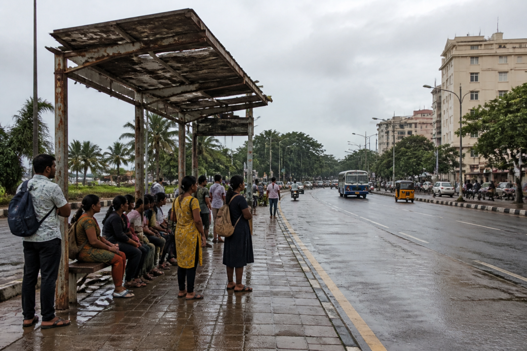 Chennai Lighthouse bus stop with a rusted shelter and commuters waiting in the open