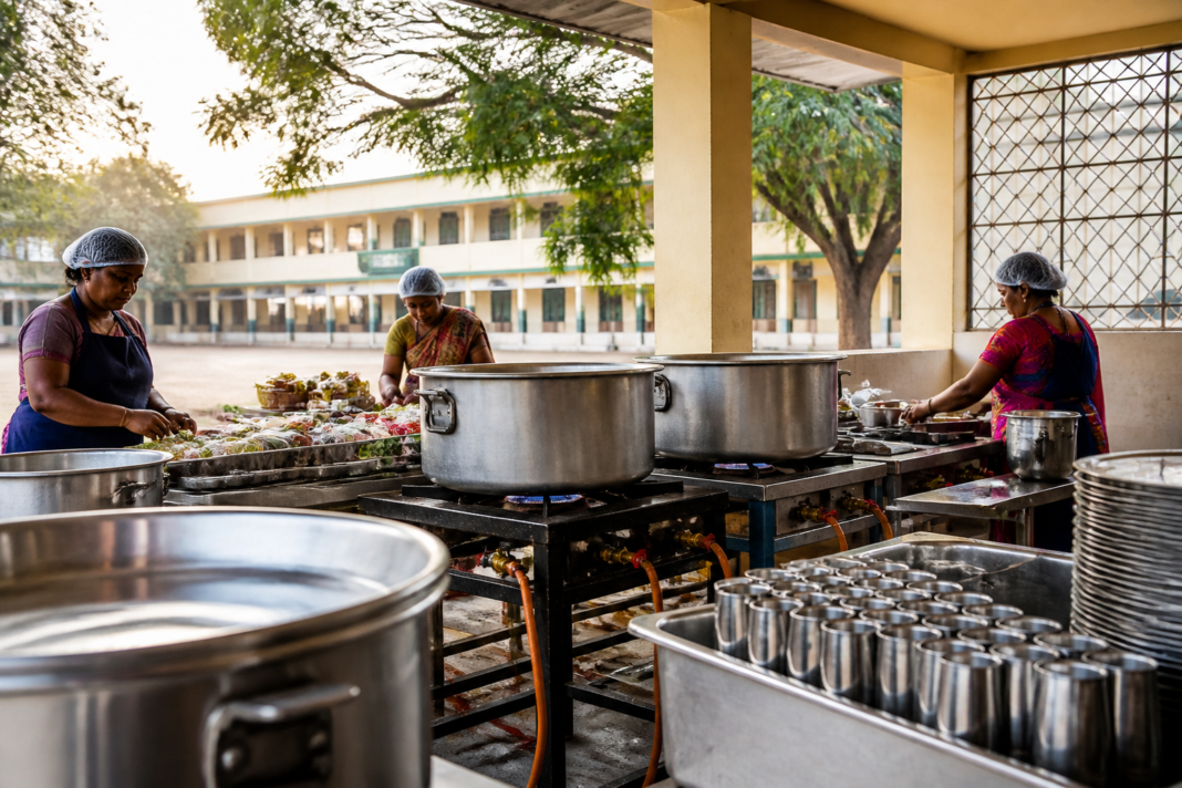 Kamarajar Breakfast Scheme kitchen preparation at a Tamil Nadu government school