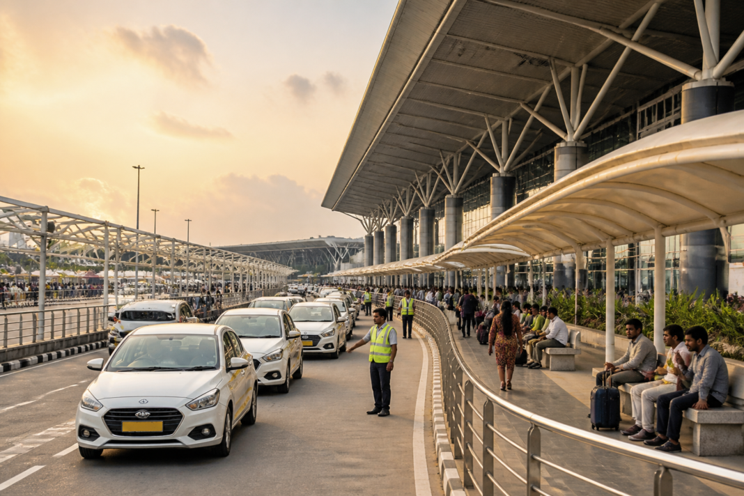 Chennai airport cab pickup point outside Terminal 1 with taxis and passenger facilities