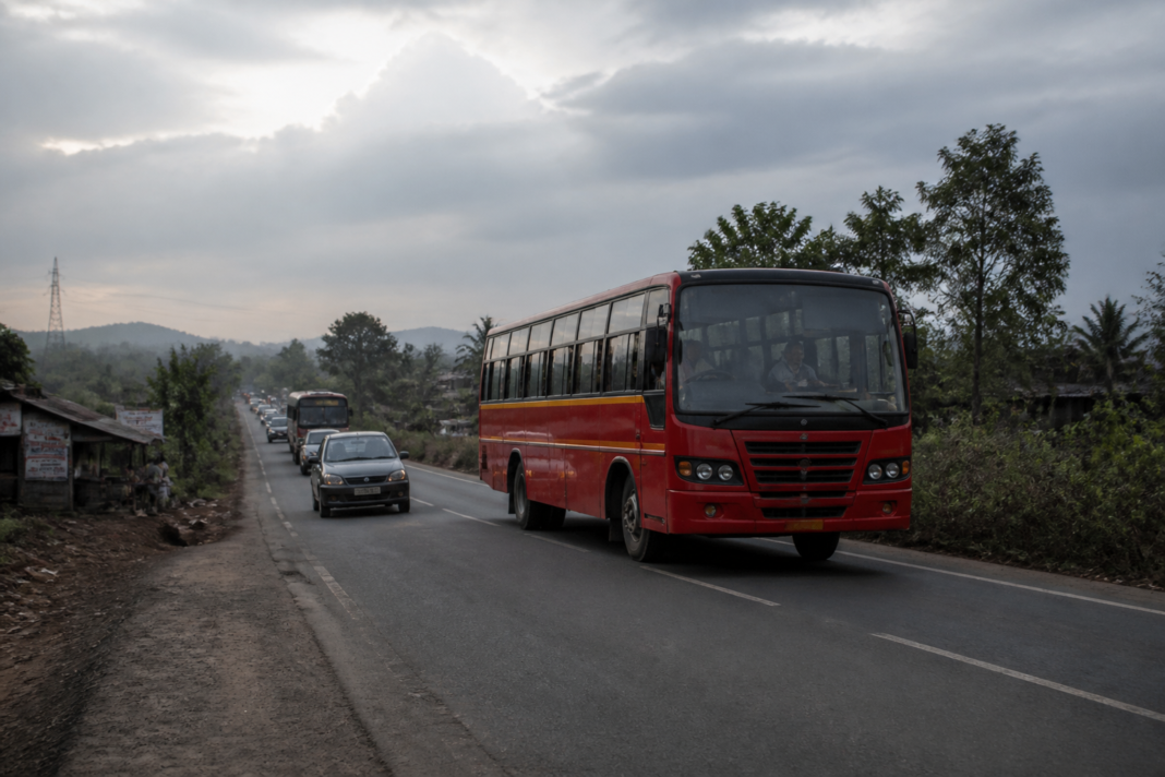 Shivshahi bus on a Maharashtra road near Palghar after a fatal luggage-lid accident