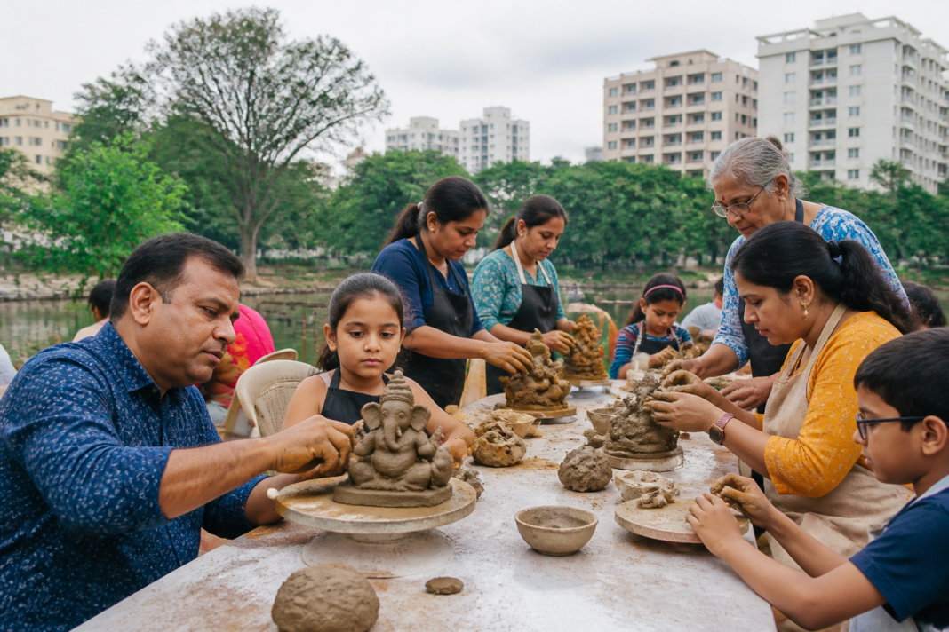 Families making eco-friendly Ganesha idols from natural clay at a Bengaluru community workshop.