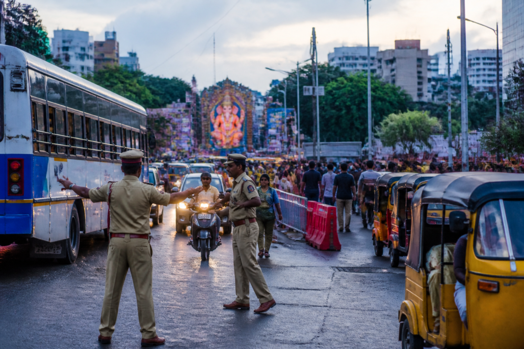 Hyderabad Ganesh festival traffic management near Khairatabad with police and diverted vehicles