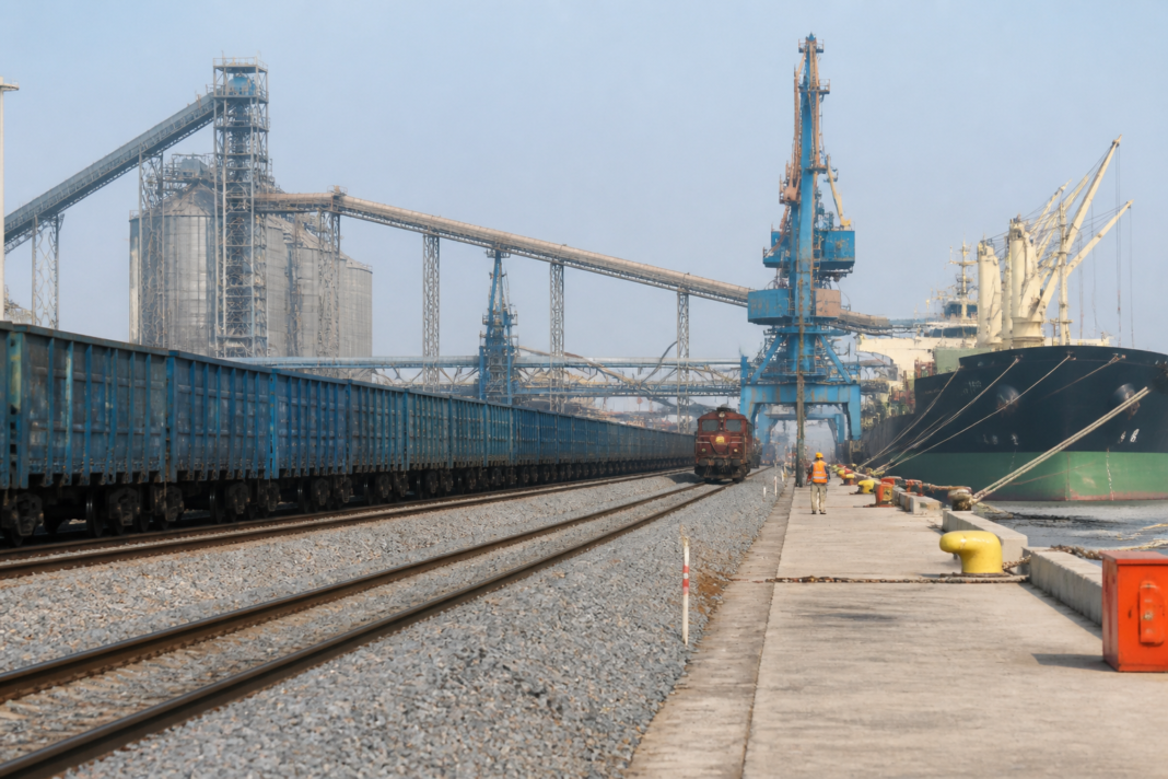 Krishnapatnam Port rail freight operations with bulk cargo infrastructure and railway connectivity