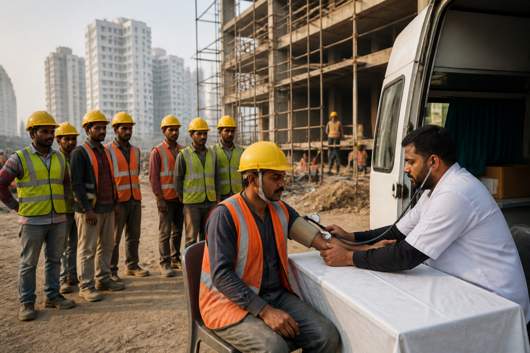 Delhi construction workers at a building site under the new health scheme