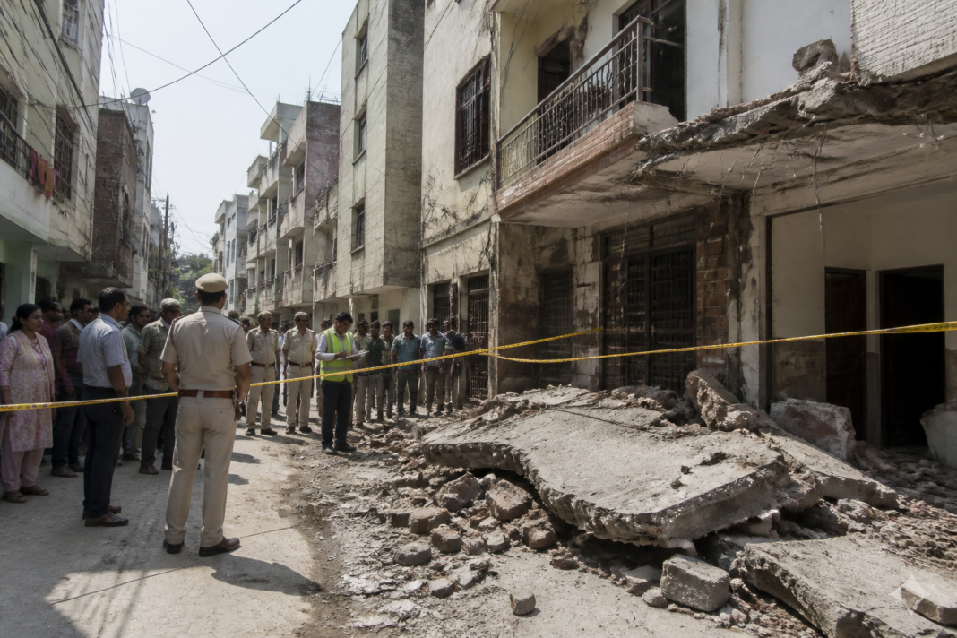 Delhi house balcony collapse site cordoned off in Prem Nagar after a teenager was injured.