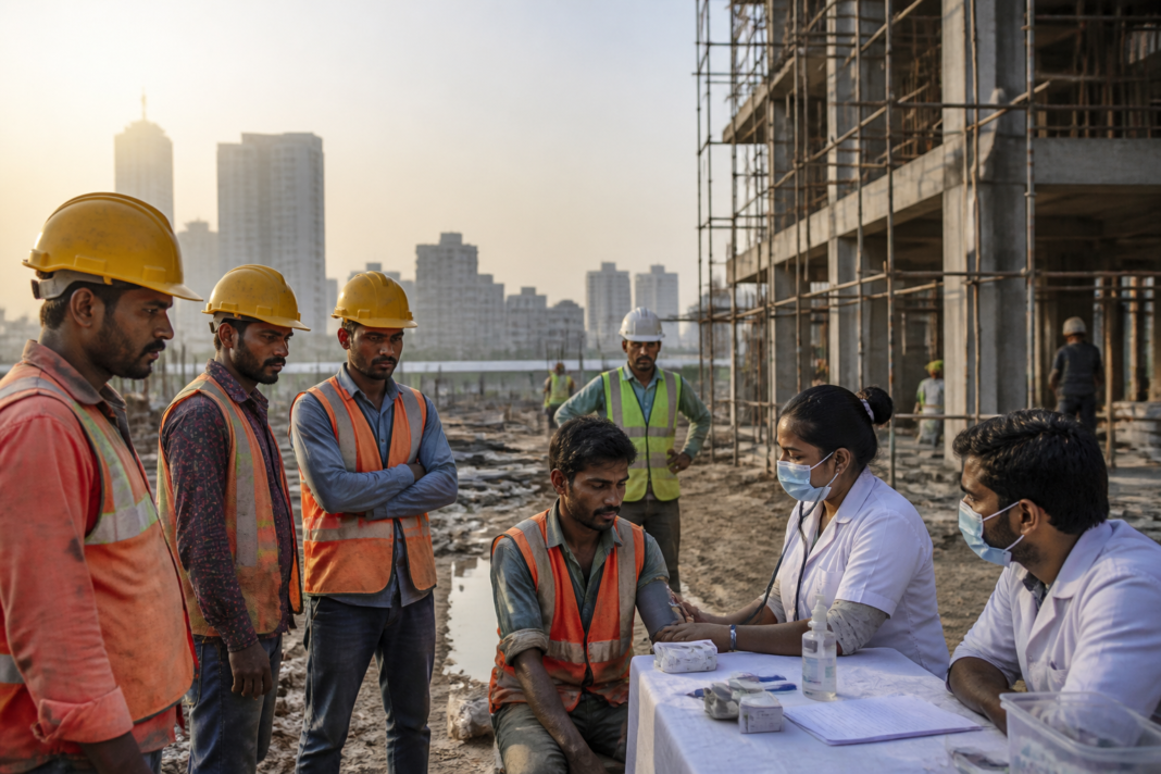 Delhi construction workers health scheme supporting workers at an urban construction site