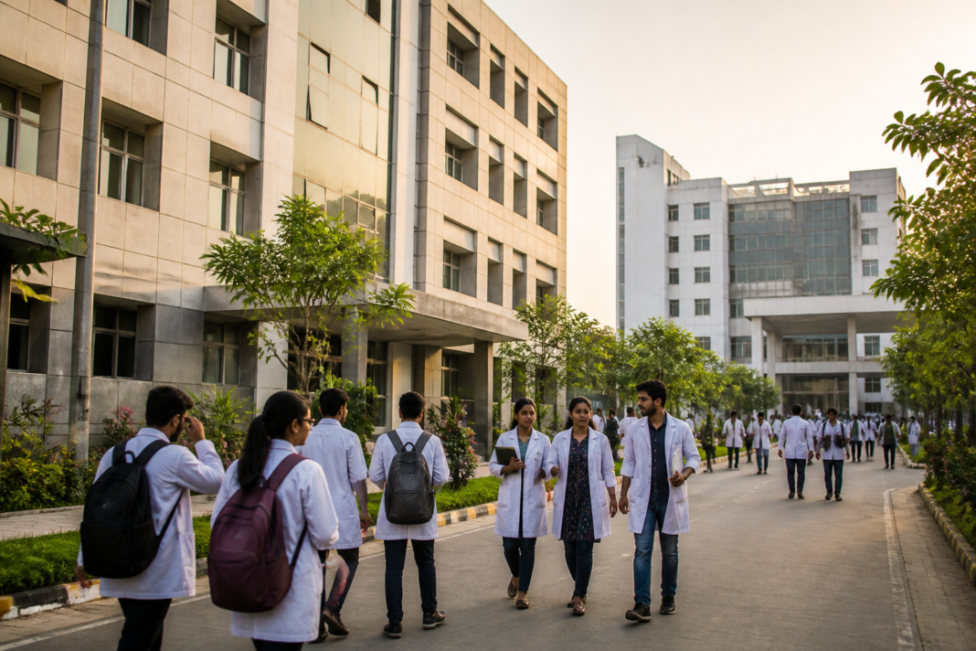 Telangana MBBS seats reflected in a medical college campus with students and academic buildings
