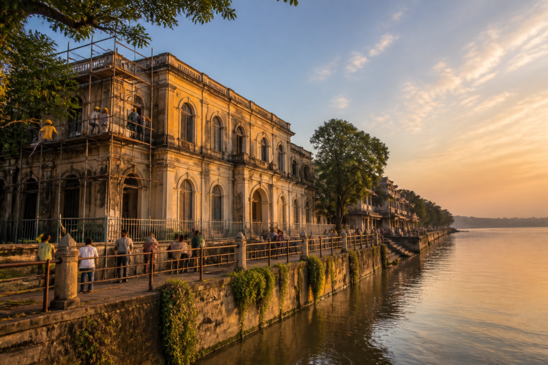 Chandernagore heritage project: restored Registry Building beside the Ganges riverfront