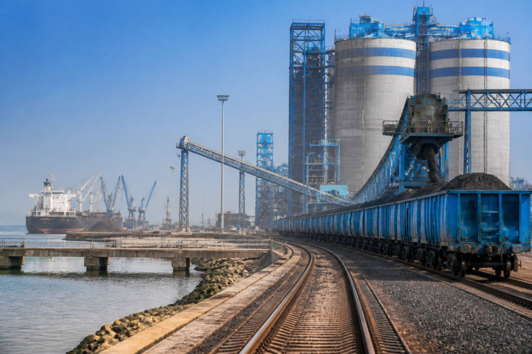 Krishnapatnam Port rail freight infrastructure with cargo-handling facilities and mechanised berths